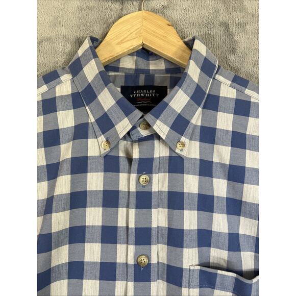 Charles Tyrwhitt Shirt Large Weekend No Iron Slim Fit Blue/Gray Check Preppy - Picture 3 of 9